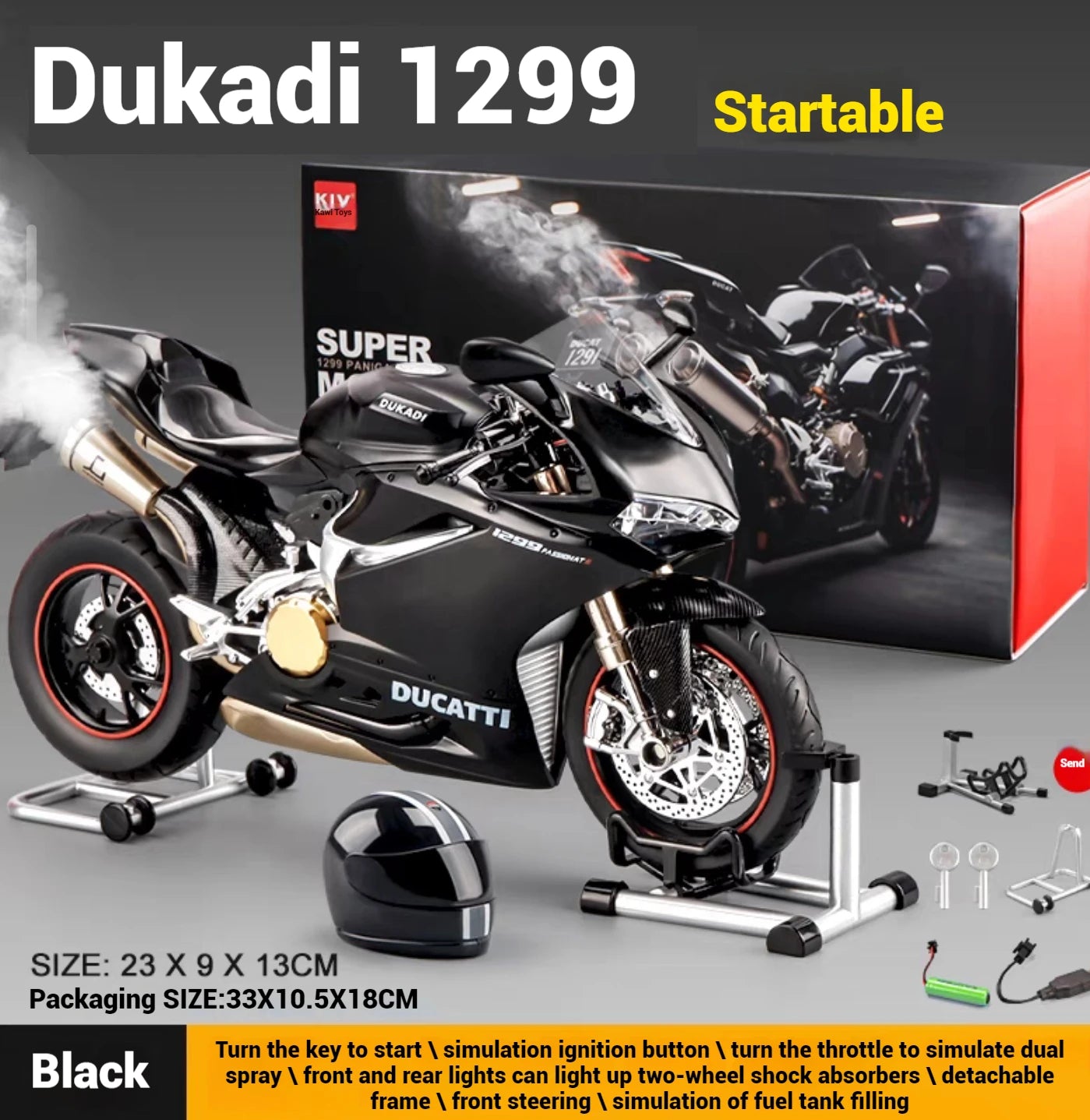 1:9 Scale Key Start Motorcycle Model with Smoke, Sound & Spinning Wheel